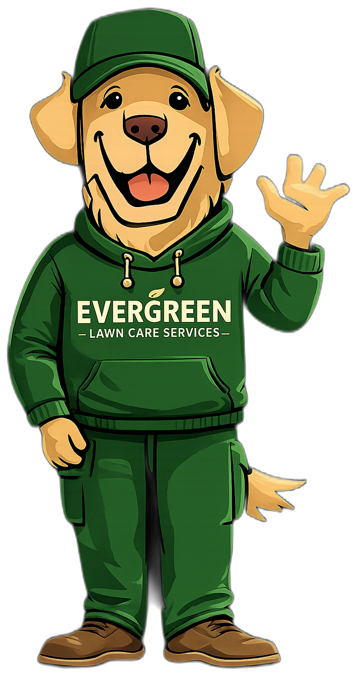 The Evergreen mascot — a golden retriever in a green Evergreen Lawn Care Services hoodie, waving
